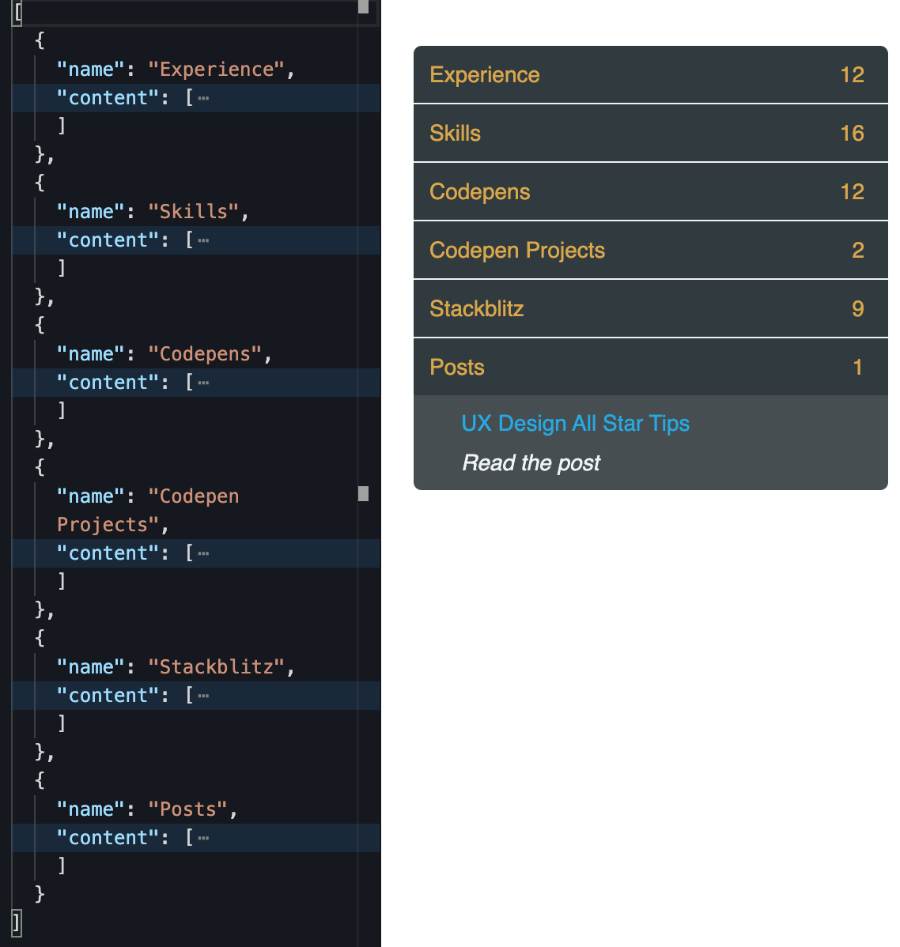 Angular accordion data stream adjacent to the accordion to show how the object names match the section headers.