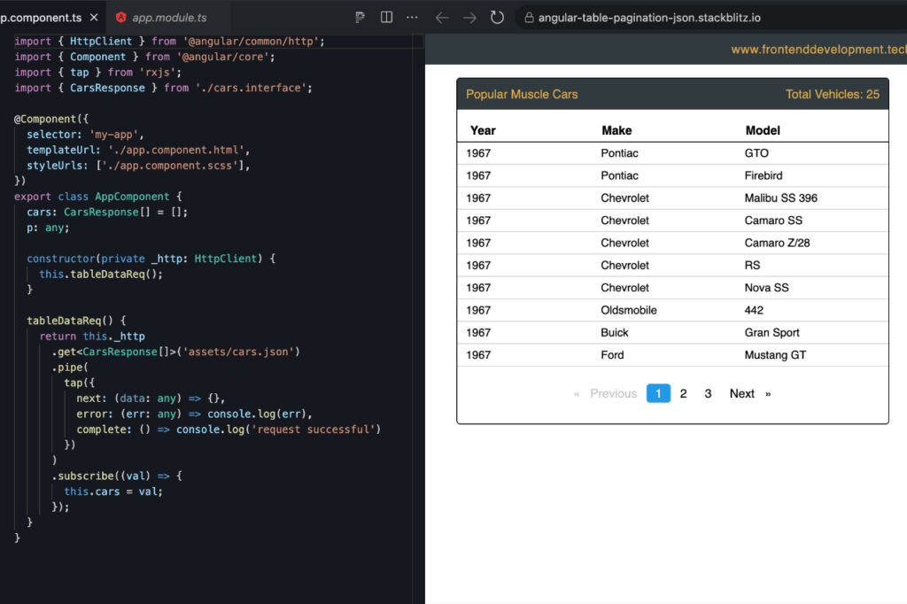 Angular data table listed under website features. A JSON powered table w/ pagination.