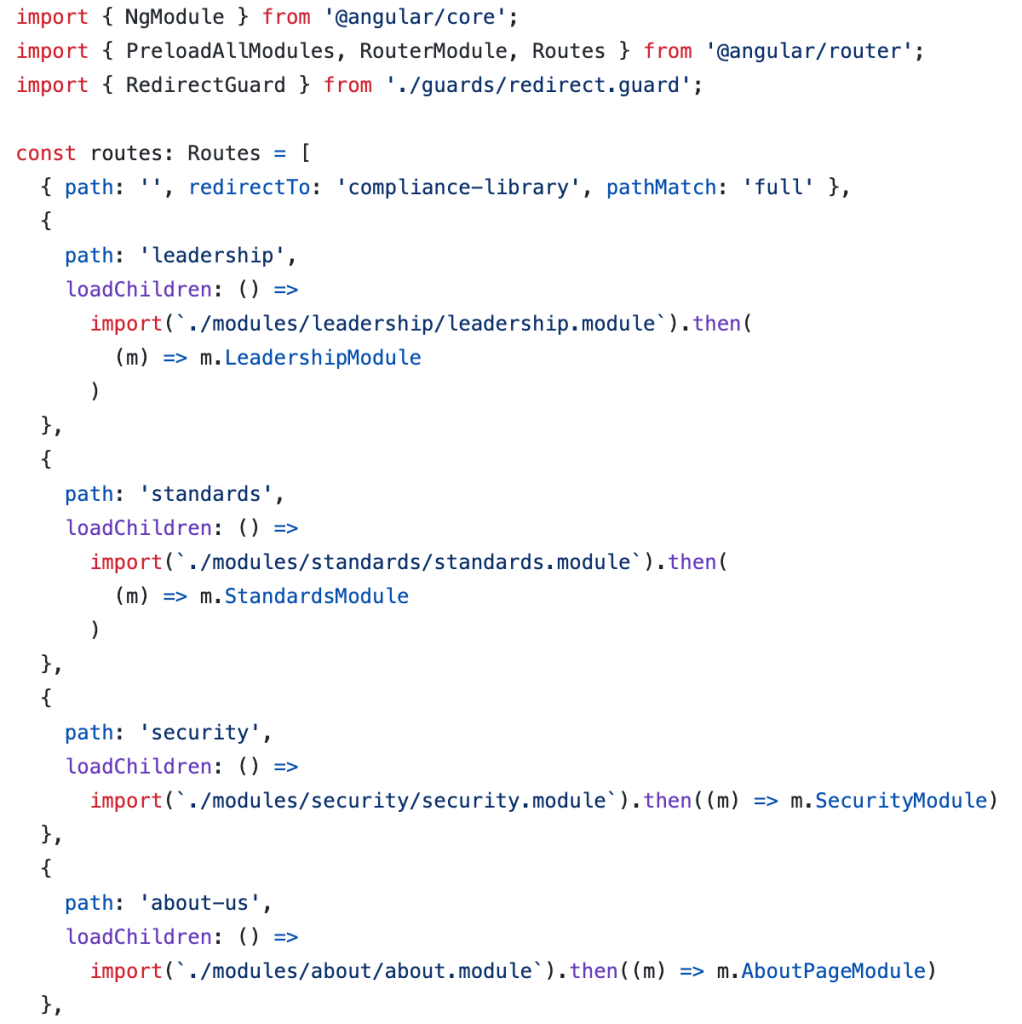 Sample code of routing in Angular. Code blocks shows loading modules for each route.