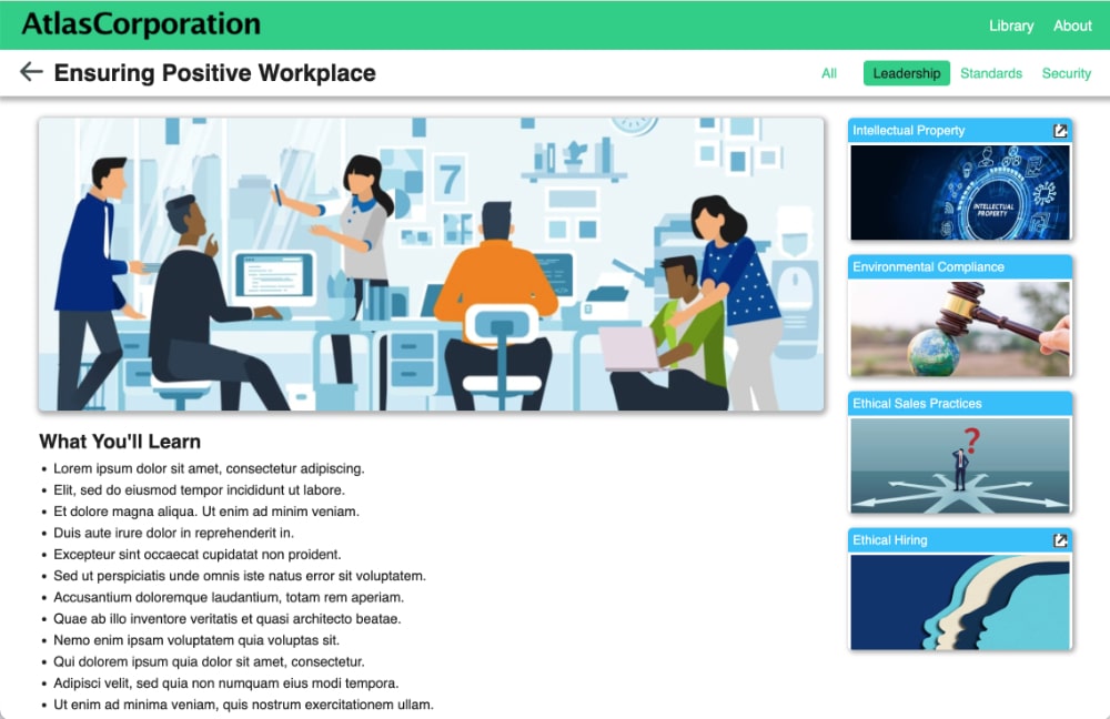 Fictitious corporation with header, copy and thumbnails.