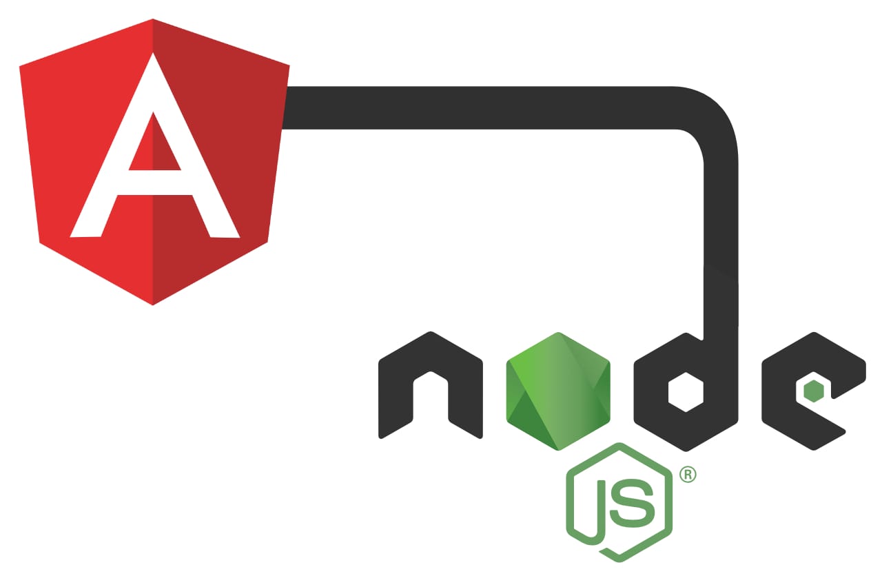 Angular logo morphing into Nodejs illustrating Angular template website