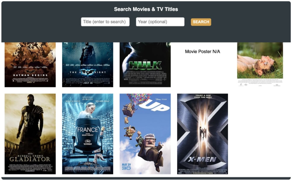 Movie posters in two scrolling rows fetched by the OMDB API.