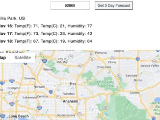 Open weather map api showing single and three day input field with location.