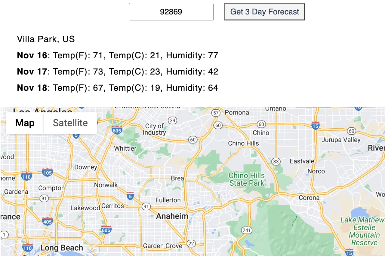Open weather map api showing single and three day input field with location.