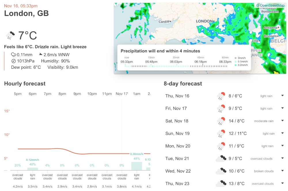 Open weather map website showing a nice UI with forecast and map.