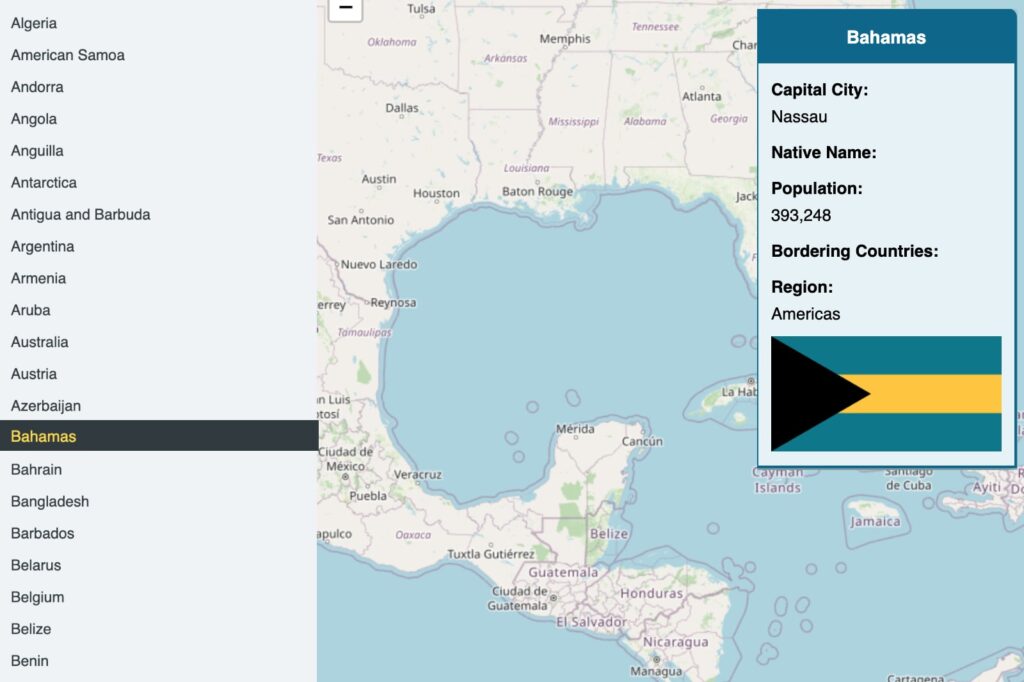 REST Countries API supplying list of countries on the left with the map on the right. Selected country data in panel.