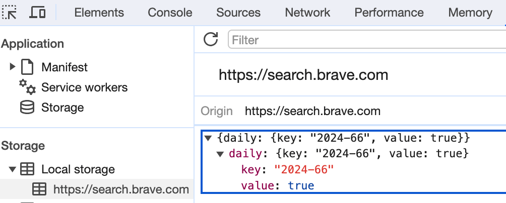 Key value pairs in Dev Tools representing local storage data.