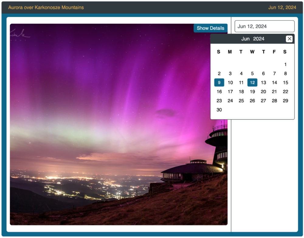 Simple UI showing image and a date picker. Imagery is powered by the NASA photo of the day API.