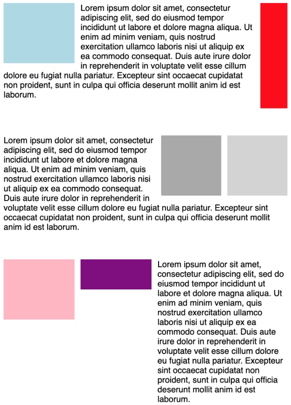 three examples of floated divs with text. Colored blocks left and right aligned with text wrapping.