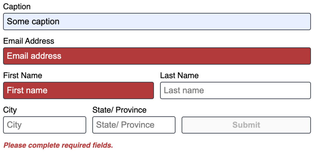 A form with numerous fields. Three of which are highlighted red indicative of errors.