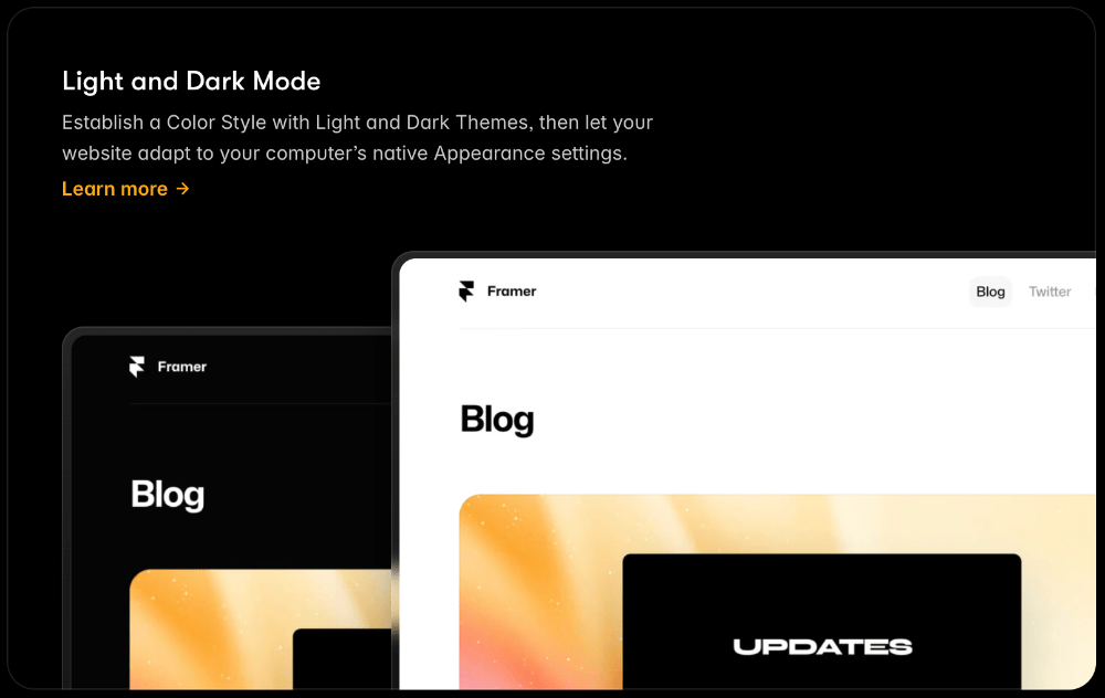 Light and dark mode with two tablets showing each. In reference to Framer, how to build websites.