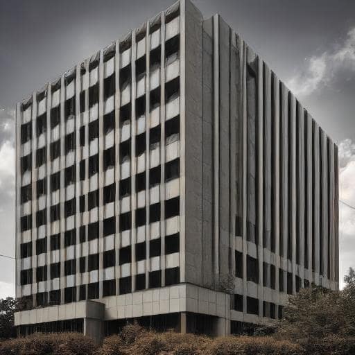 sinister looking office building with grey skies and dead bushes surrounding