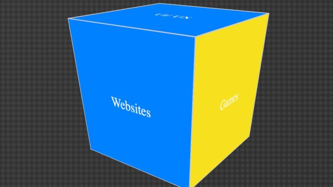 css3-animation blue and yellow cube on a dark grey background showcasing a 3D cube rotating at random.