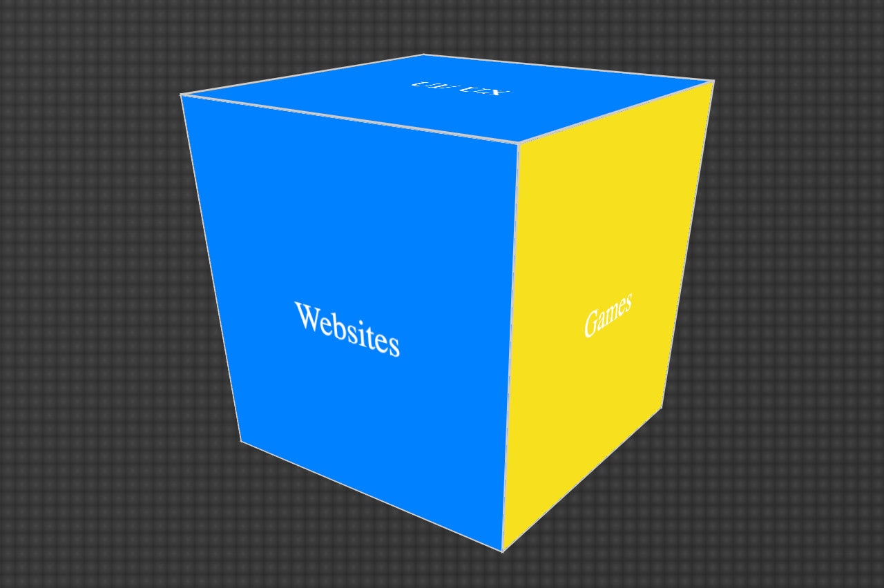 blue and yellow cube on a dark grey background showcasing a 3D cube rotating at random.