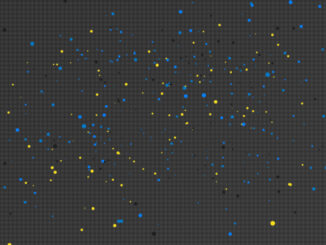 colored particles in random 3D space with a semi transparent background. Showcasing javascript canvas animation