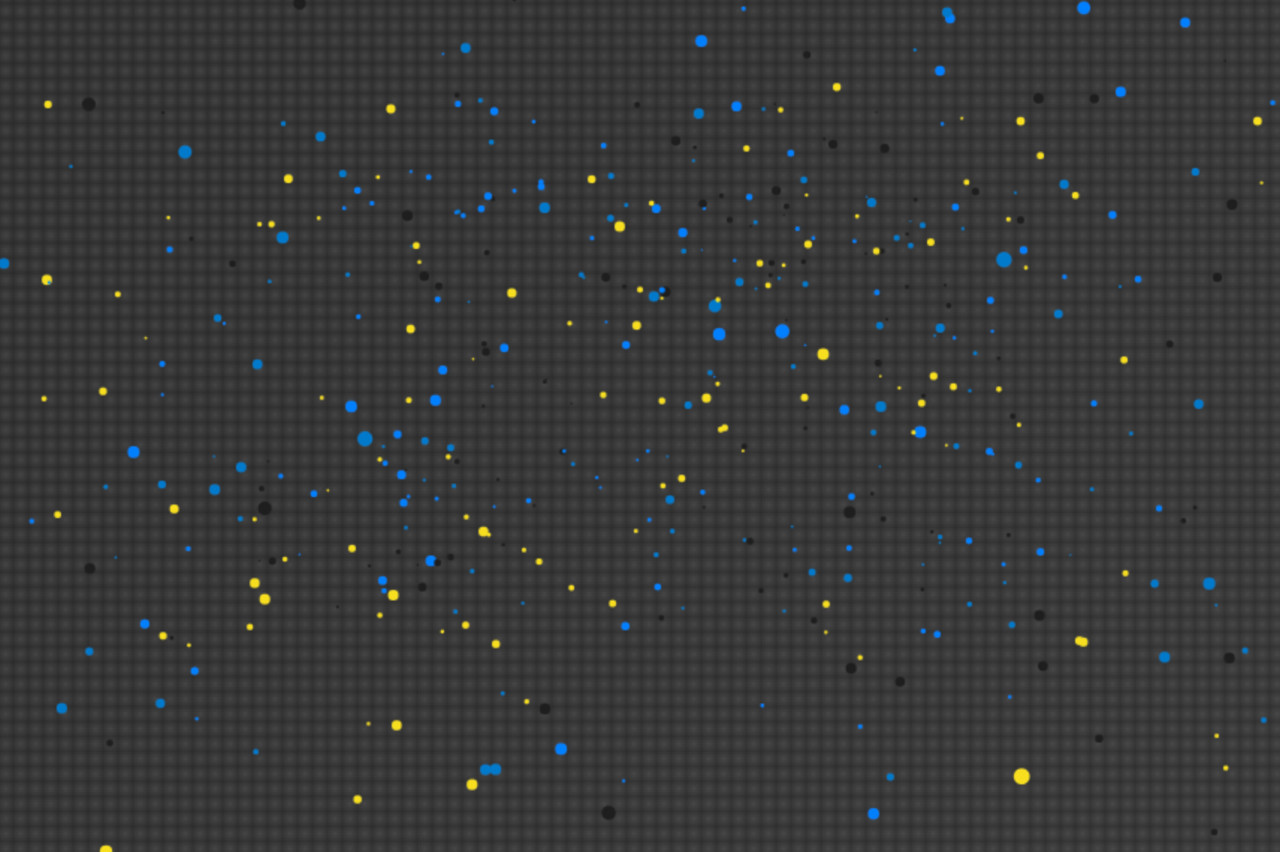 colored particles in random 3D space with a semi transparent background. Showcasing javascript canvas animation