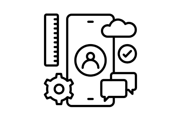 a black and white line drawing of a phone with icons meant to align with modern business technologies