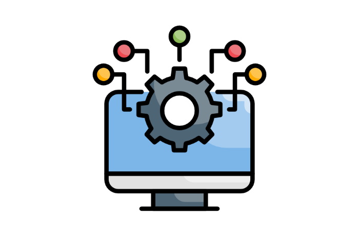 computer with a gear icon and line with dots coming out. Designed for "building websites from scratch"